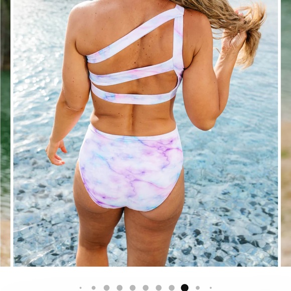 Kiava watercolor asymmetric bikini top with ruched high rise bottoms, size med - Picture 2 of 9